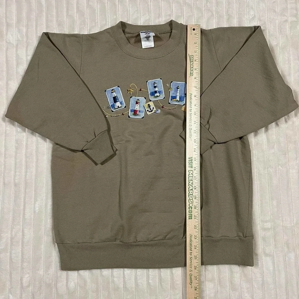 Large Khaki/Tan Light House Nautical Print Graphic Sweat Shirt - Picture 2 of 7